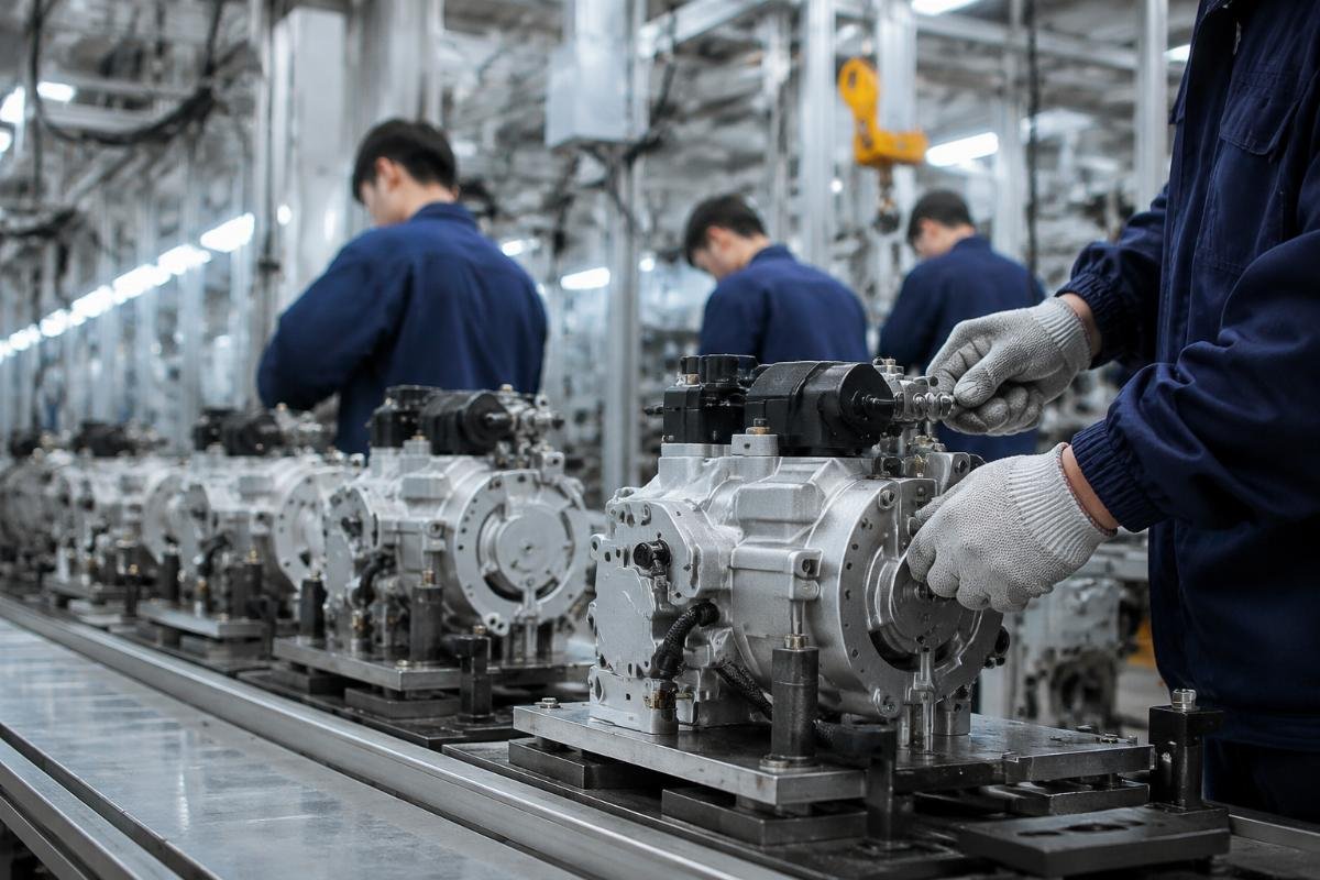 Generator production line with calibrated unit pumps being installed