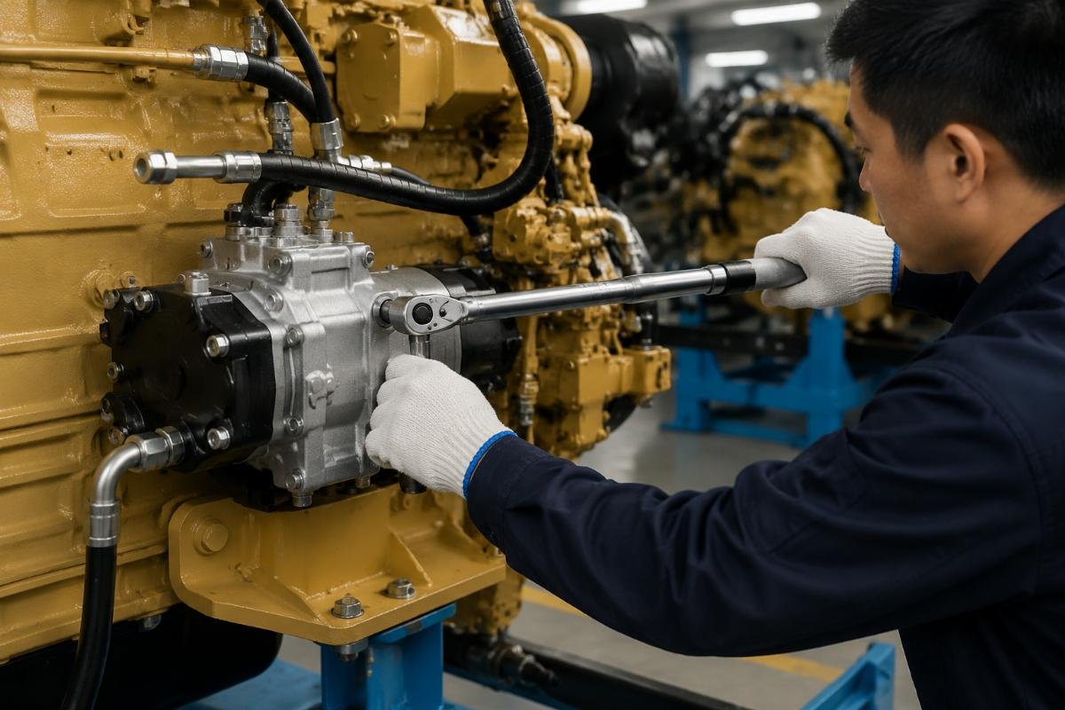 Construction machinery unit pump installation with torque wrench verification