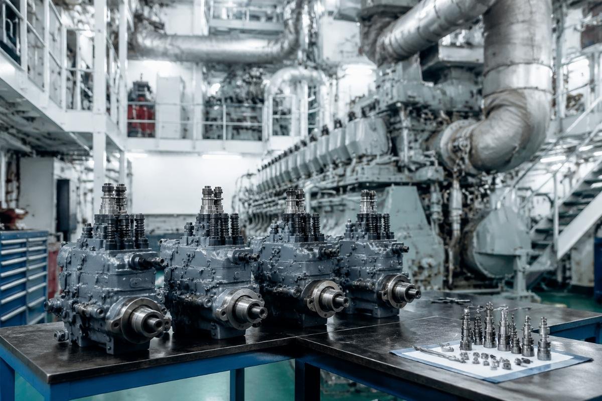 Marine engine room with calibrated unit pumps during overhaul