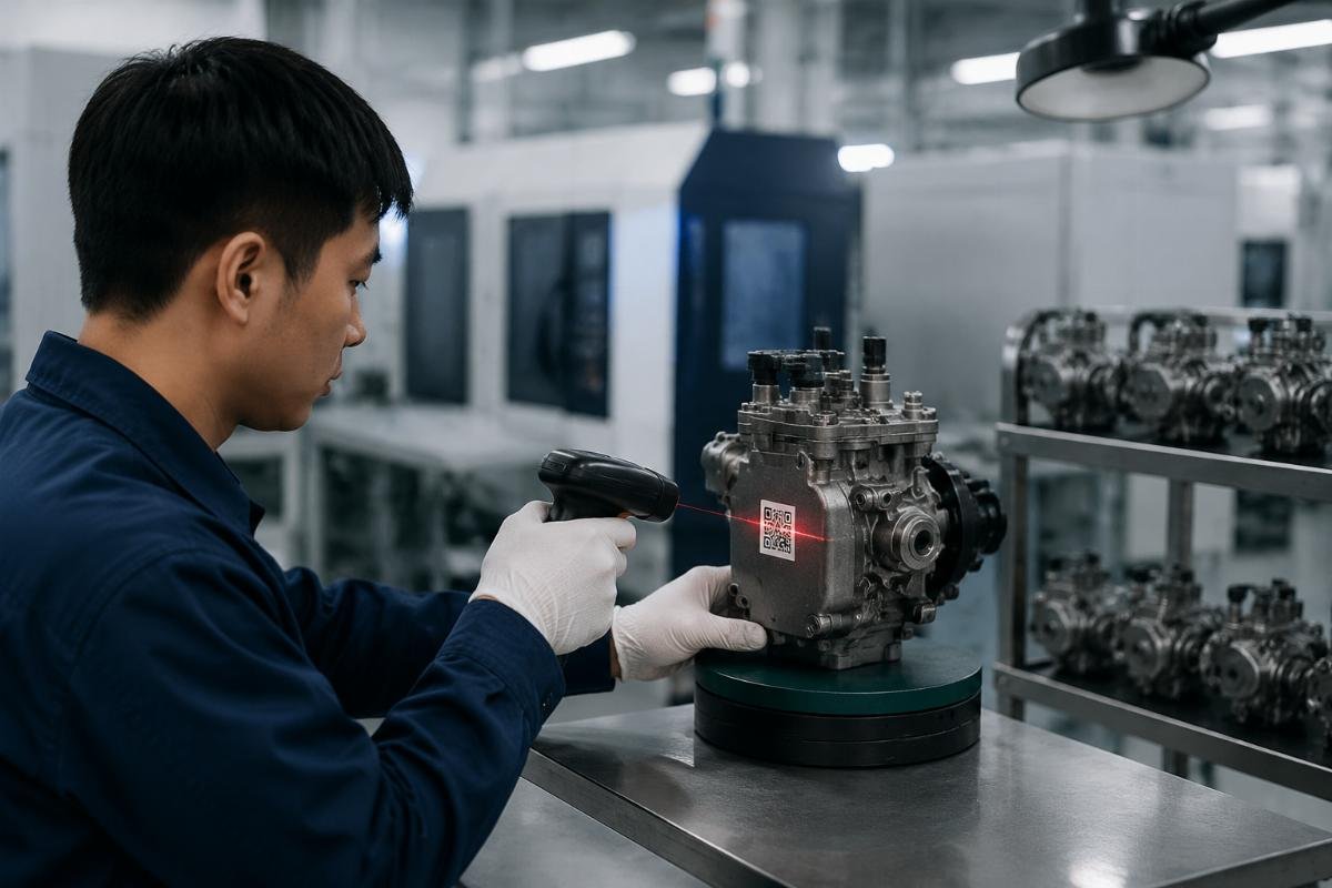 Workshop technician scanning QR code on unit pump