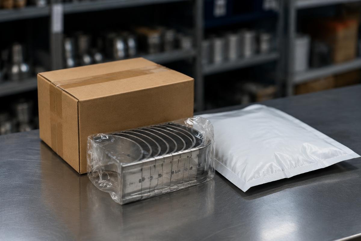 1-piece MOQ bearing set ready for fast dispatch to global repair workshops A single packaged excavator con rod bearing set next to a shipping label marked for express delivery