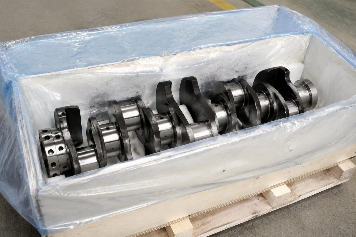 1-piece MOQ Kubota crankshaft ready for dispatch A close-up of a single Kubota V3307 crankshaft in branded packaging ready for shipment