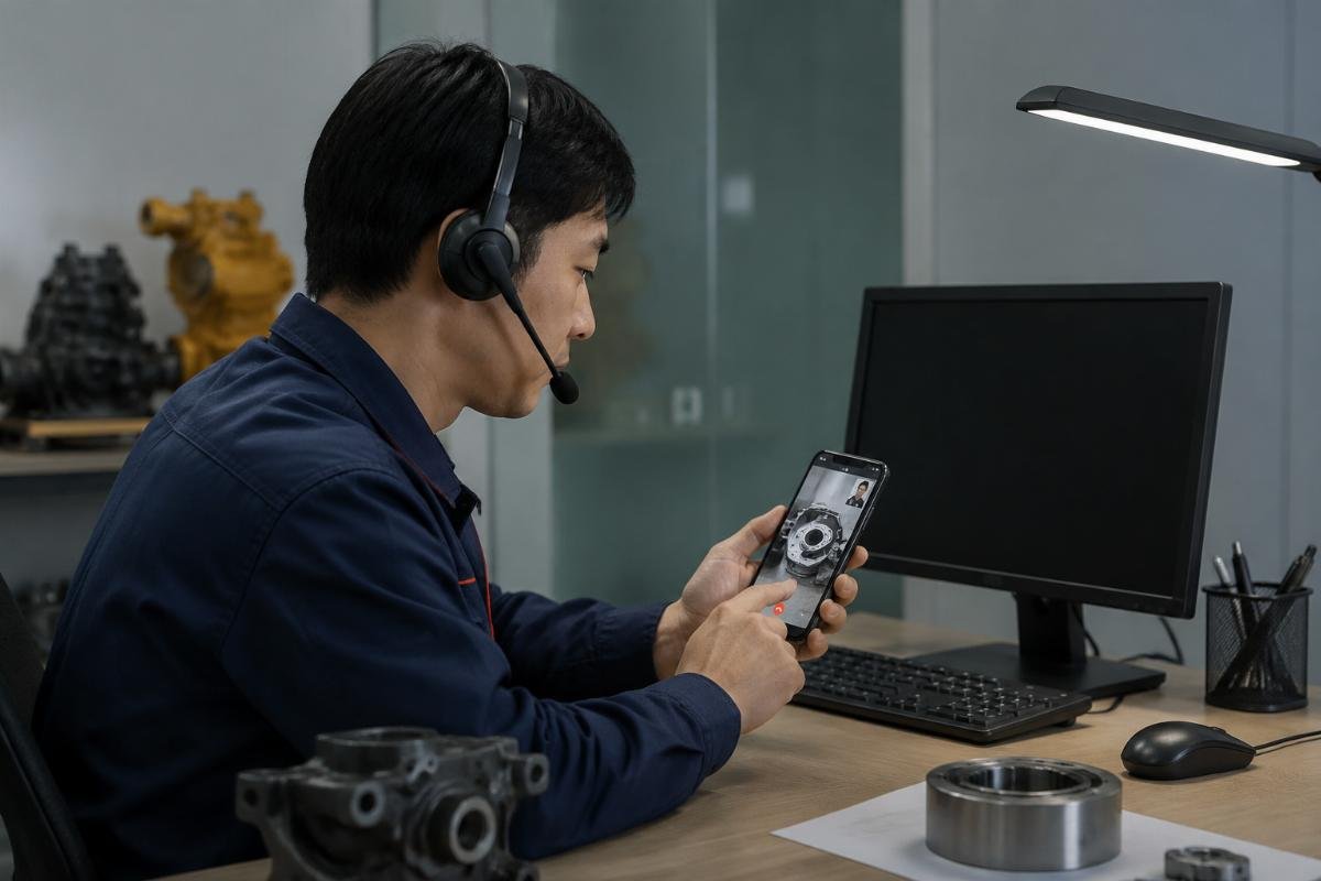 24/7 technical support for excavator part buyers A technical support specialist responding to a client query via a mobile messaging platform
