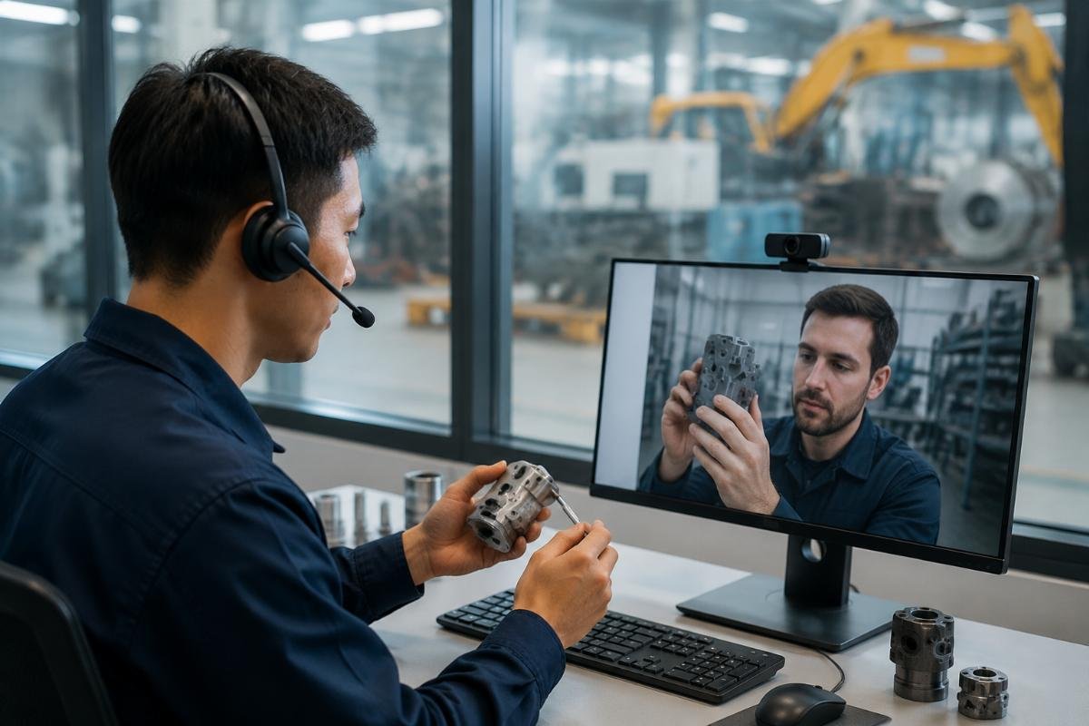 24/7 technical support for excavator part sourcing A technical support specialist assisting a customer with part verification over a digital call