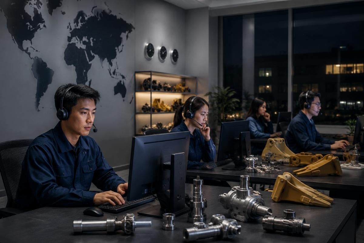 24/7 technical support for excavator parts sourcing A team of technical support specialists responding to customer inquiries across different time zones