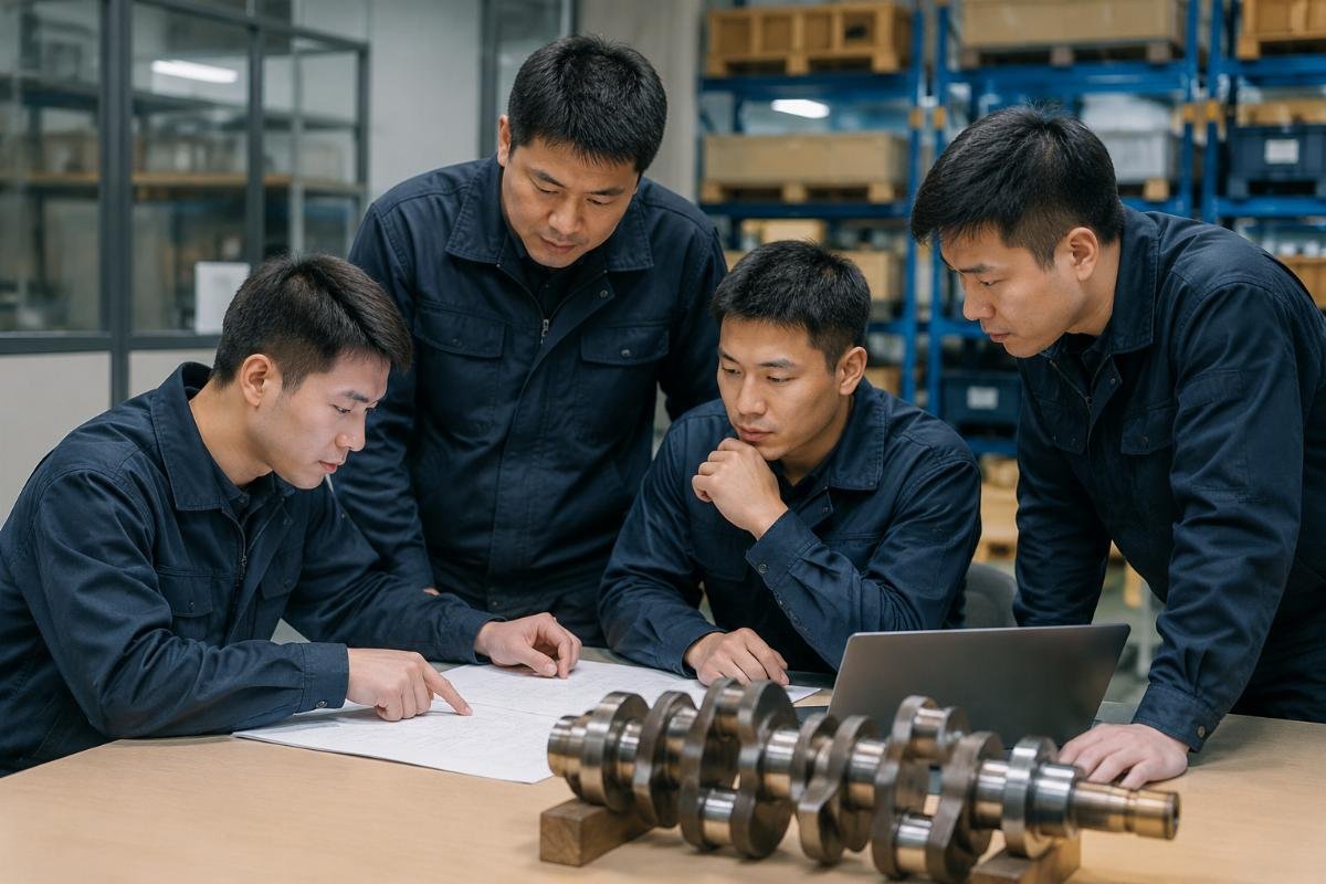 24/7 technical support for Kubota crankshaft installation and troubleshooting A team of technical specialists reviewing engine part installation documentation in a warehouse office