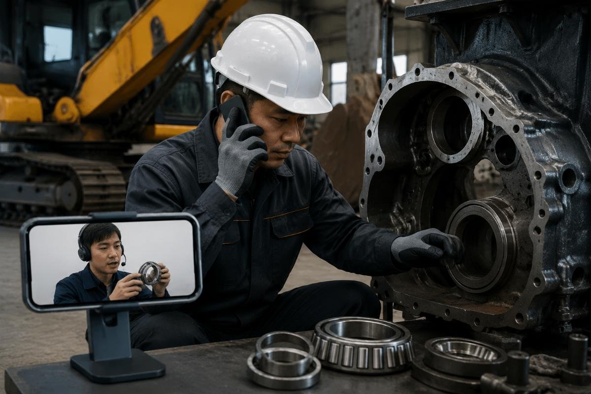 24/7 technical support for urgent excavator overhaul part needs A customer support representative chatting with a site technician via mobile phone to walk through bearing set installation steps