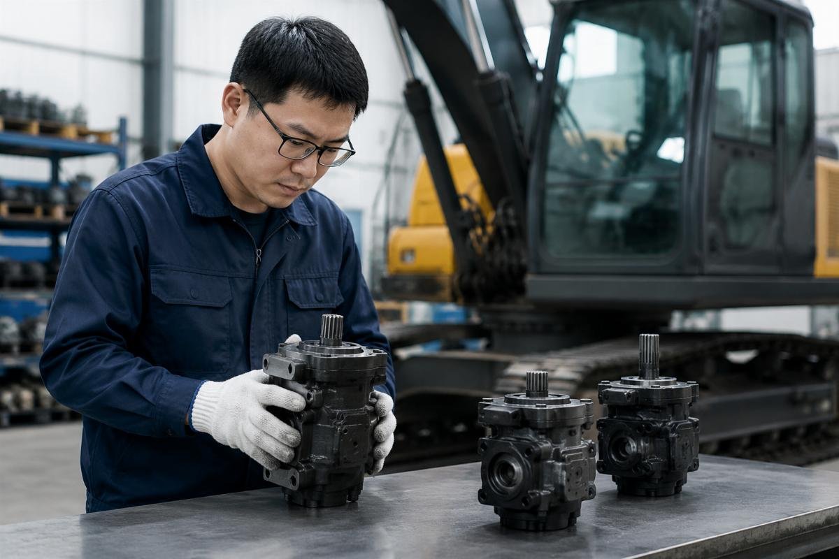 Accurate hydraulic pump compatibility matching Technical specialist verifying hydraulic pump part number match for excavator model