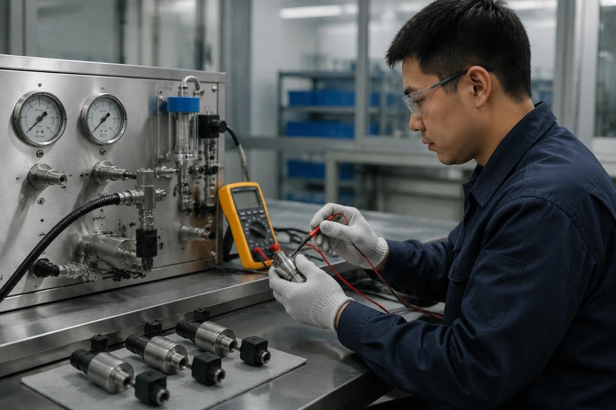 aftermarket stop solenoid compatibility testing A technician testing a stop solenoid for pressure and electrical compatibility against OEM specifications