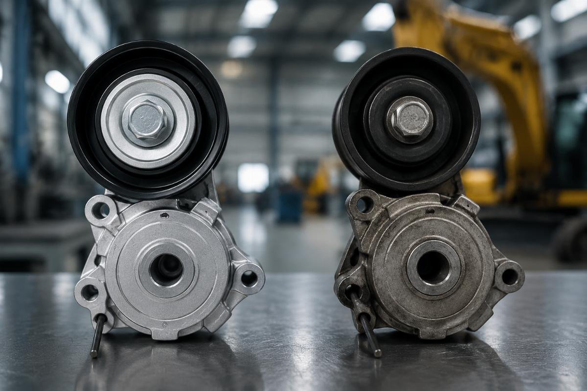 Side by side comparison of aftermarket and OEM excavator belt tensioner components