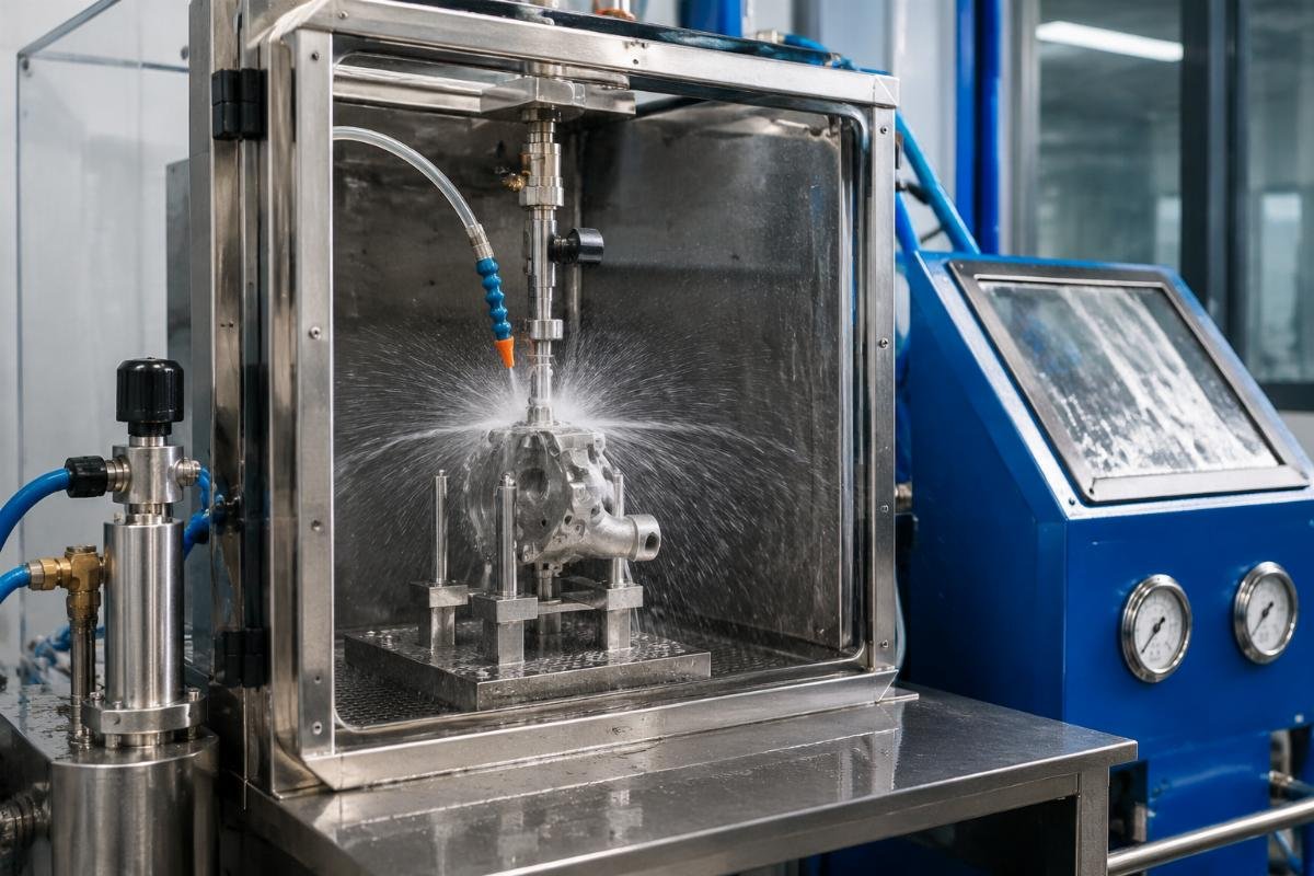 Aftermarket water pump quality control pressure test A water pump undergoing pressure testing in a certified factory facility