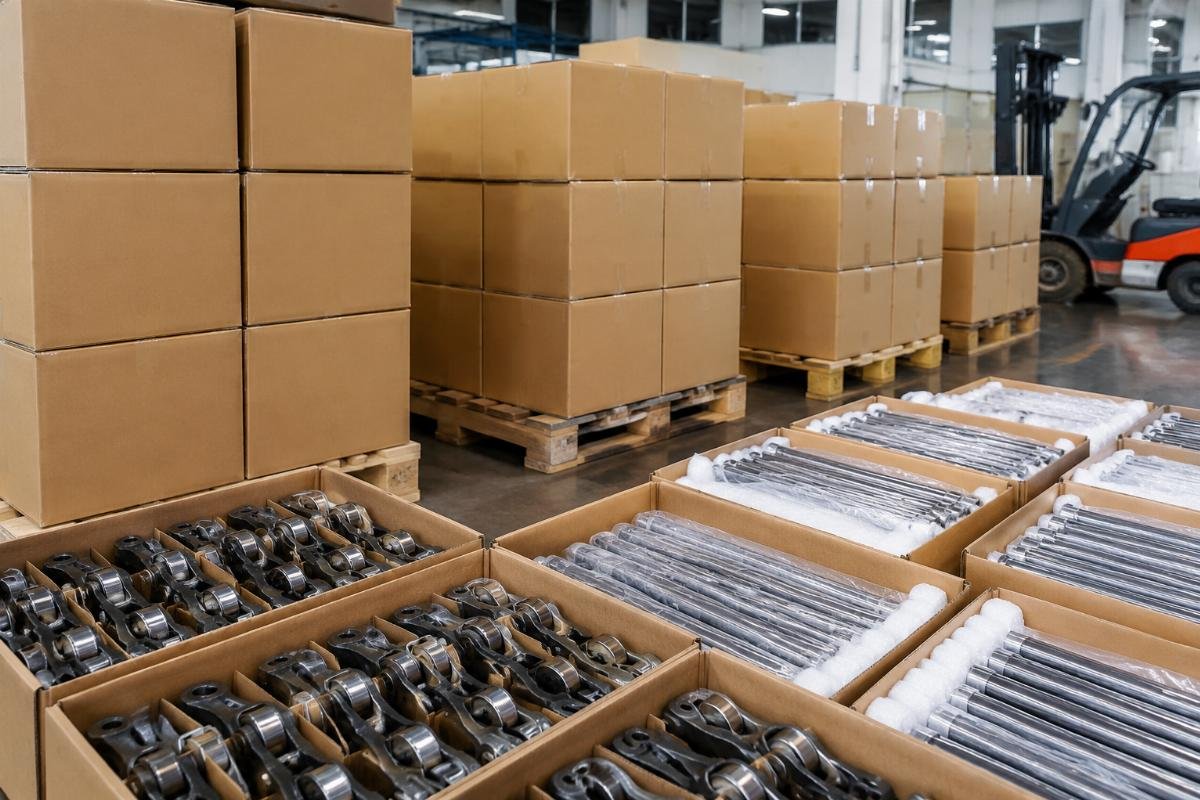 Bulk excavator parts order fulfillment for global buyers Stacked labeled boxes of excavator rocker arm and push rod ready for international shipping