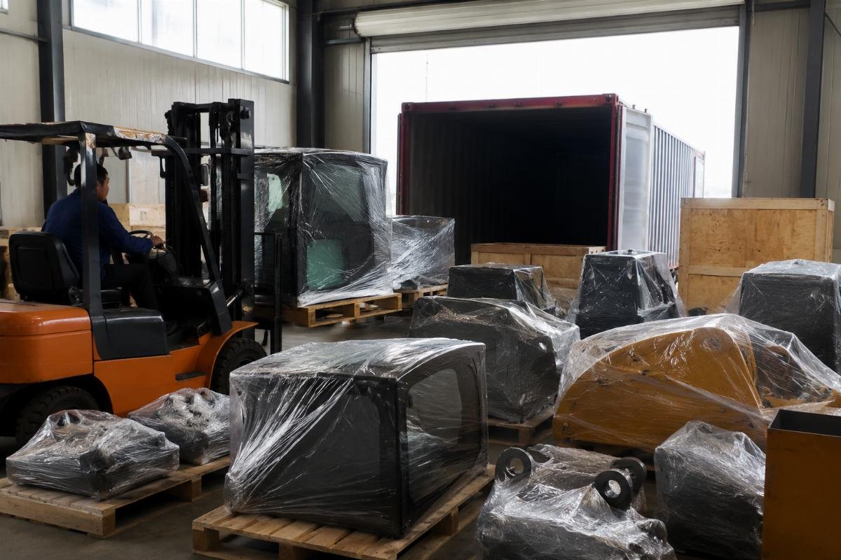 Bulk mixed brand excavator cabin parts order preparation A bulk shipment of mixed excavator cabin parts being prepared for international dispatch in a warehouse loading area