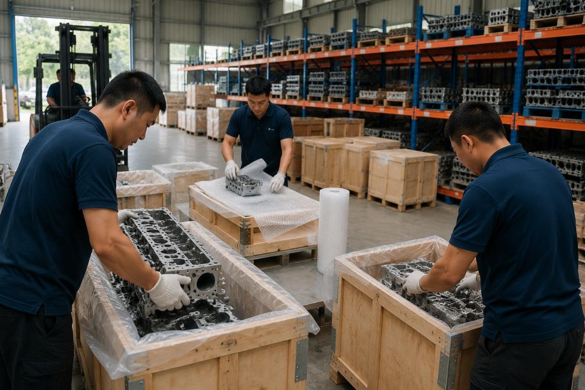 Bulk order fulfillment for excavator cylinder heads A warehouse team preparing bulk excavator part orders for international shipping