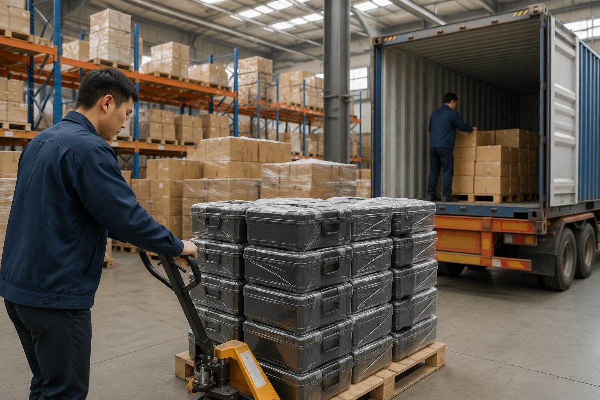 China excavator diagnostic tool supplier shipping process Supplier warehouse with packaged diagnostic tools ready for shipping