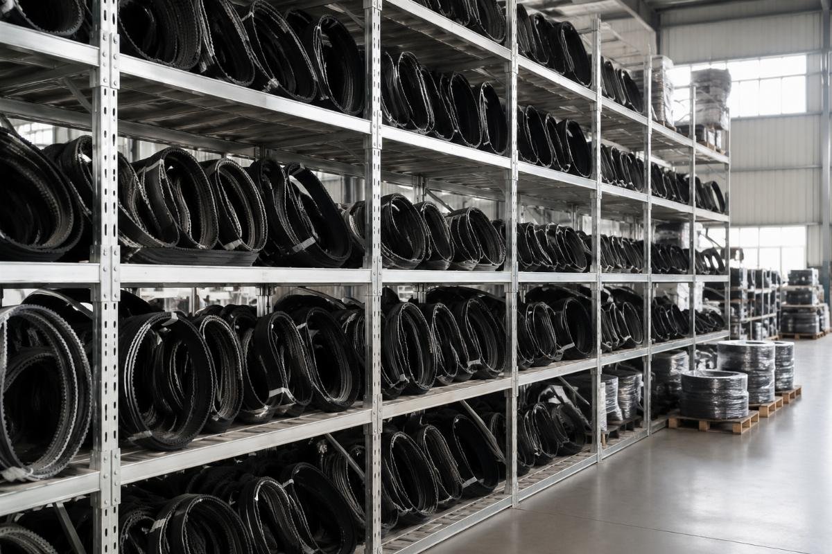 Warehouse shelf with labeled excavator V-belts organized by cross-reference part number