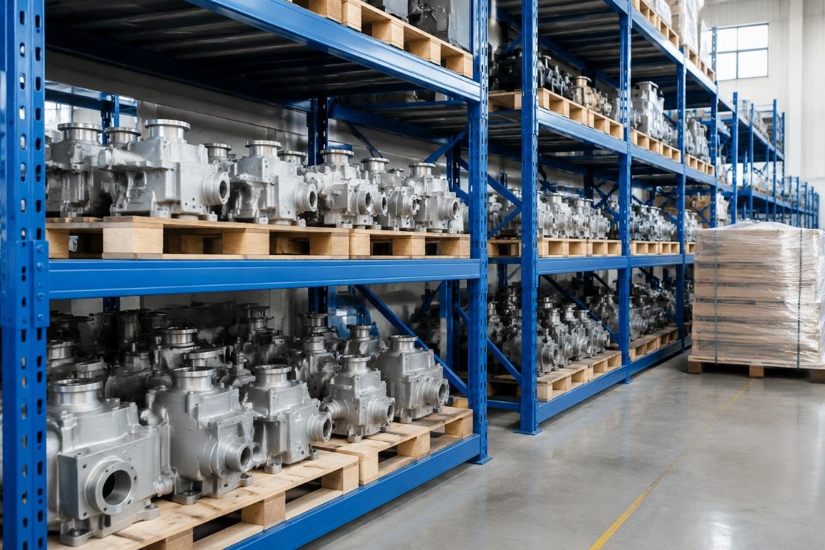 China warehouse fast dispatch for excavator water pumps Warehouse shelves holding stacked aftermarket water pump SKUs ready for dispatch