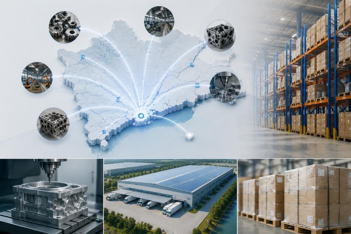 China's heavy equipment parts manufacturing cluster advantage Map showing component manufacturing clusters near Guangzhou and centralized warehouse locations