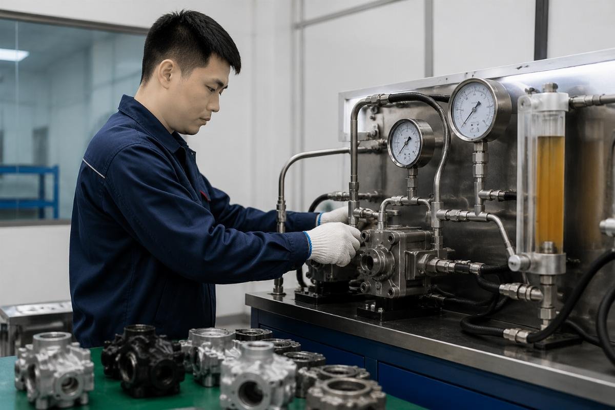 Compatibility testing for Yanmar and Isuzu excavator oil pump components A technician measuring oil pump flow rate and pressure against OEM specification benchmarks