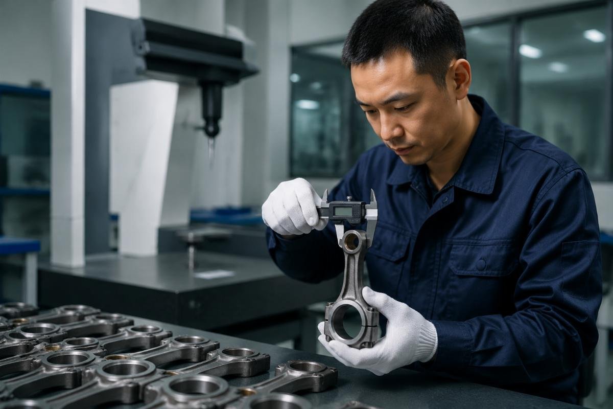 Connecting rod dimensional tolerance verification Technician measuring a connecting rod with digital calipers to verify dimensional tolerance