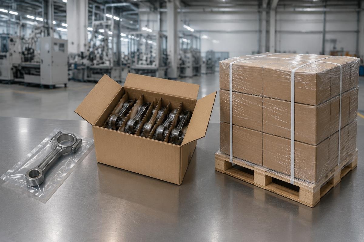 Connecting rod order packaging for different procurement volumes Three different order size packages: single unit, bulk box, and project shipment pallet