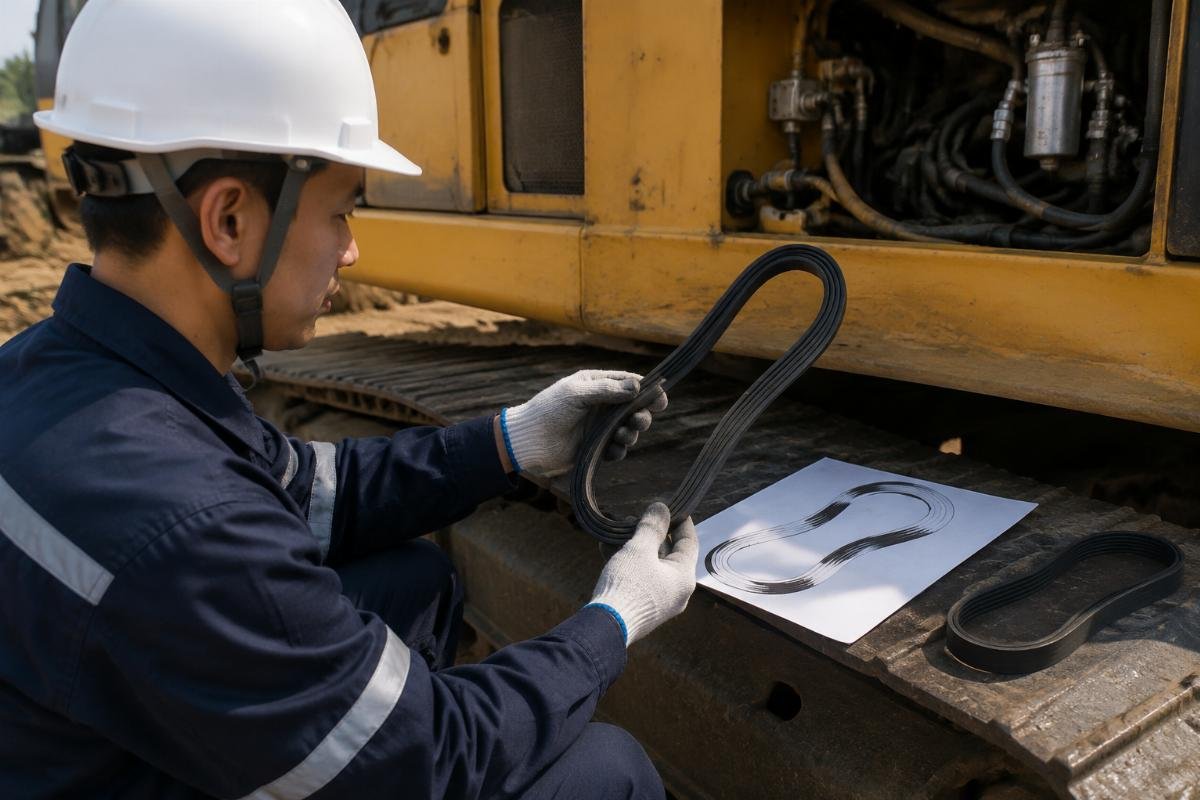 Technician measuring an excavator V-belt against a reference spec sheet on a job site