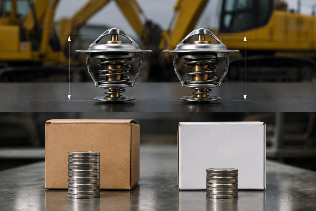 Cost comparison of OEM and aftermarket excavator thermostats A side by side comparison of OEM and aftermarket excavator thermostats showing identical component dimensions