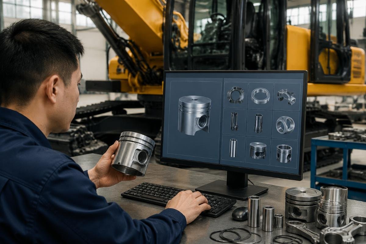 Cross-referencing excavator piston kit part compatibility A technician cross-referencing an excavator part number against a digital compatibility database