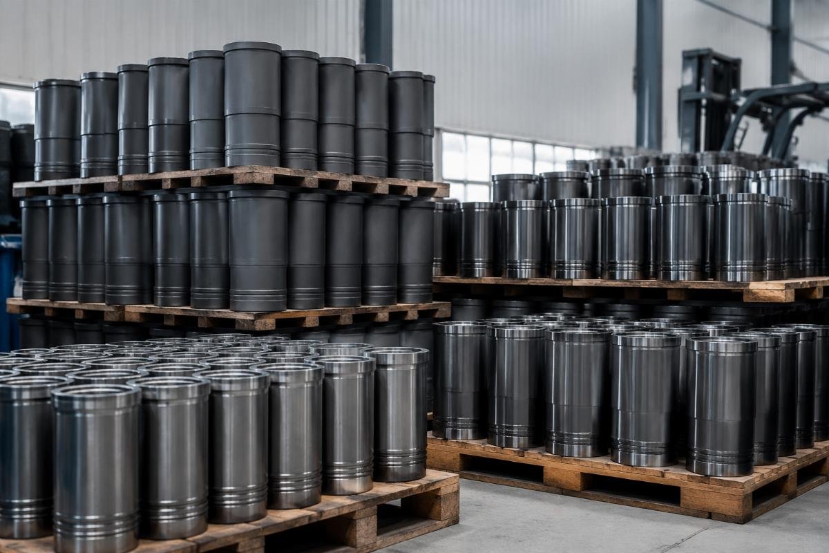 Cylinder liner inventory for common excavator engine sizes Stacked inventory of excavator cylinder liners for common engine models in a warehouse