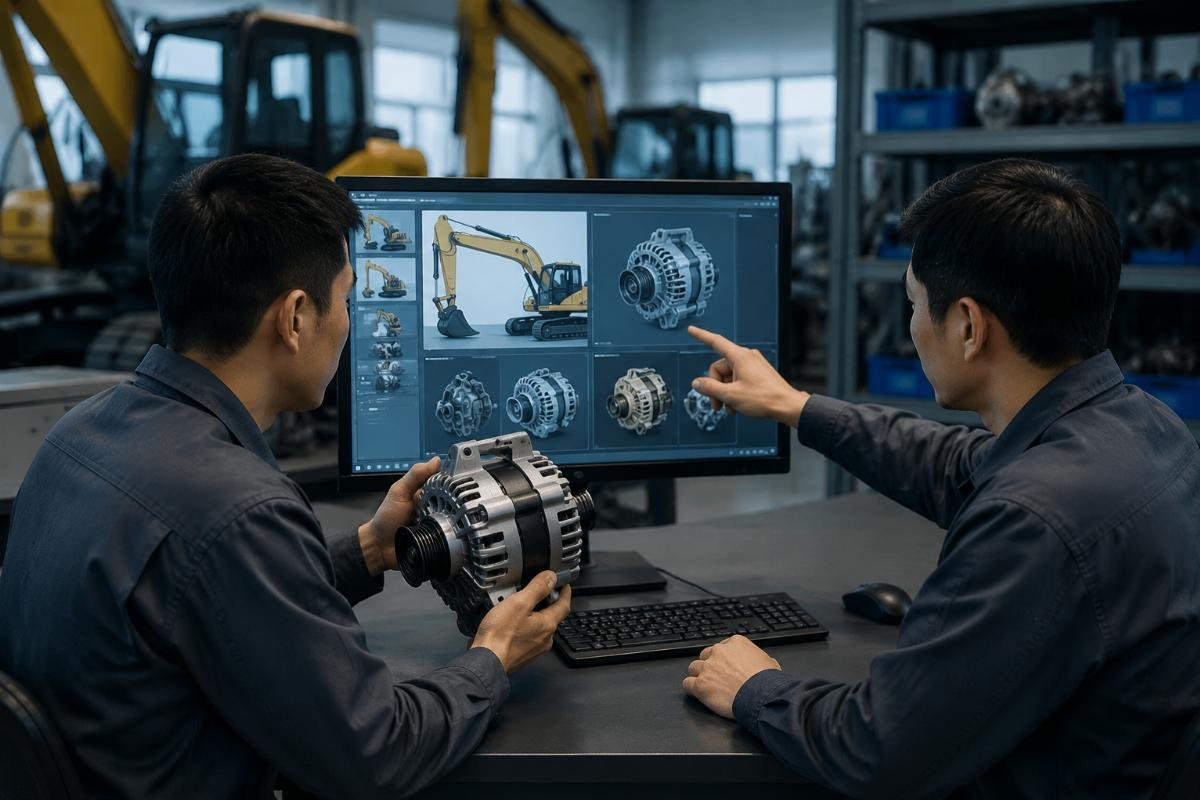 excavator alternator compatibility check process Technical team cross-referencing excavator part numbers against a digital compatibility database