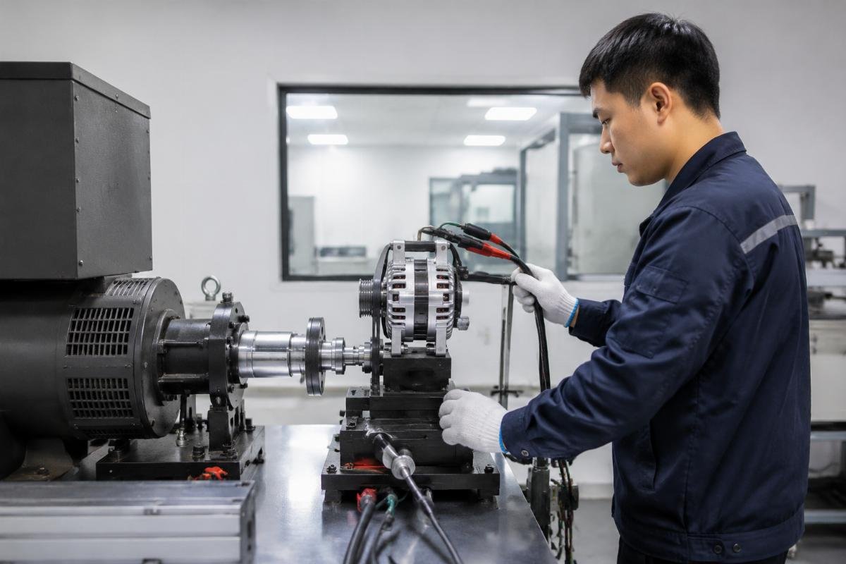 excavator alternator quality control testing process Certified aftermarket alternator undergoing performance testing in a factory quality control lab