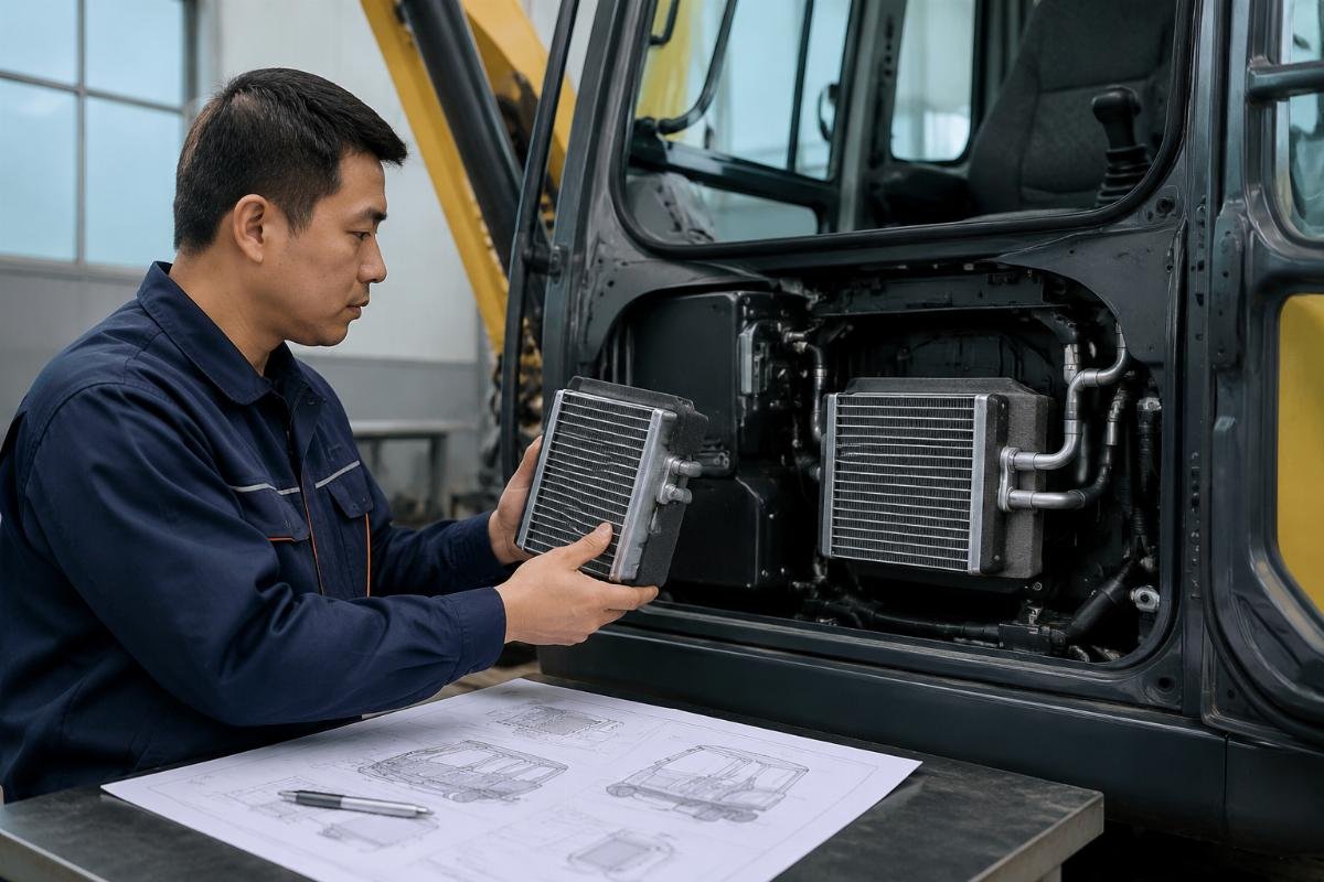 Excavator cabin component compatibility verification workflow A technician verifying a matching excavator AC component against a machine model specification sheet