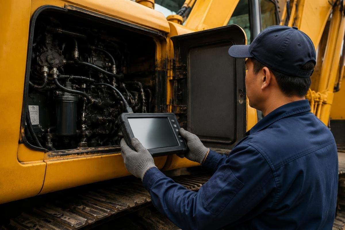 excavator fault code reading process Technician using a diagnostic tool to pull fault codes from an excavator