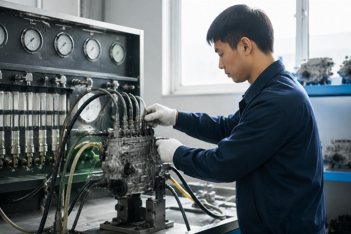 Excavator fuel injection pump performance testing process A technician testing a fuel injection pump on a workbench to validate performance standards