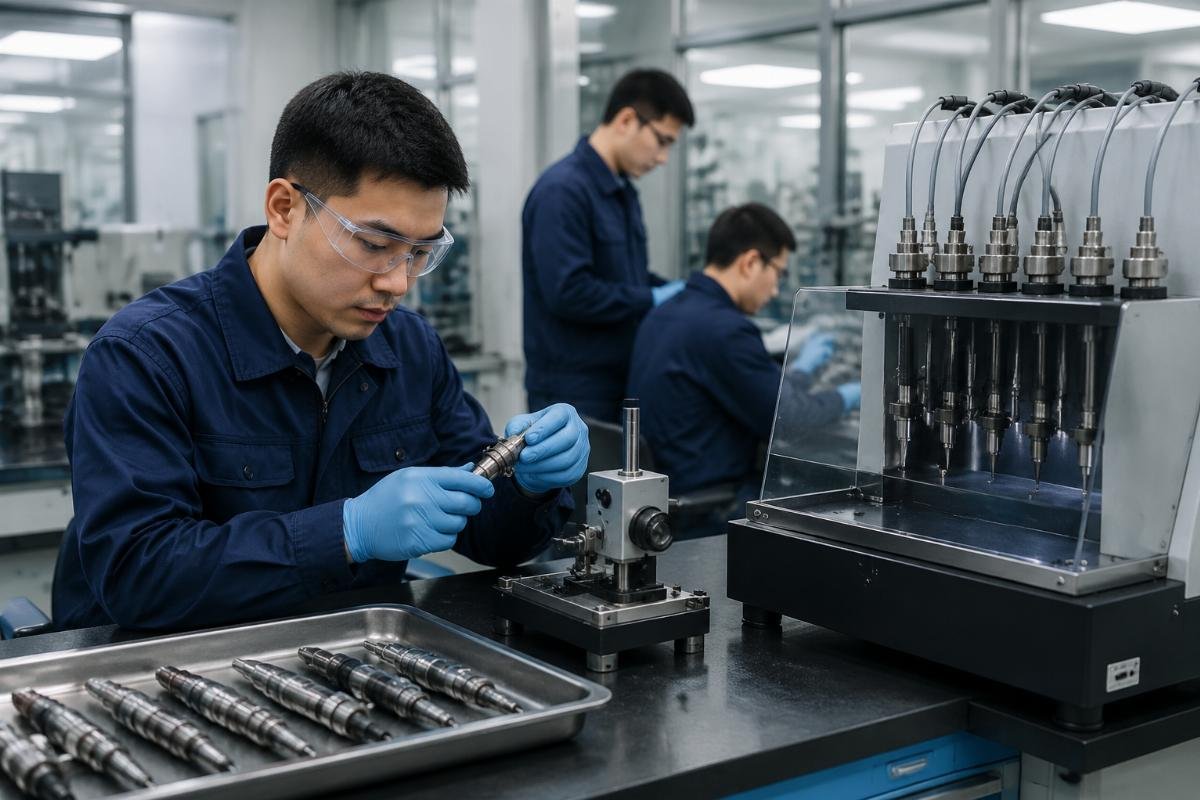 Excavator fuel injector nozzle quality control testing process A team of technicians testing excavator fuel injector nozzle performance in a quality control lab