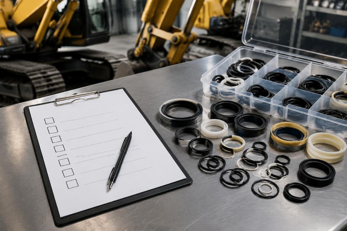 Excavator seal kit supplier vetting checklist Audit checklist laid out next to excavator seal kit samples