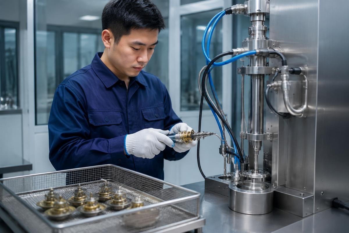 Excavator thermostat quality testing process A technician testing an excavator thermostat for temperature tolerance and pressure resistance