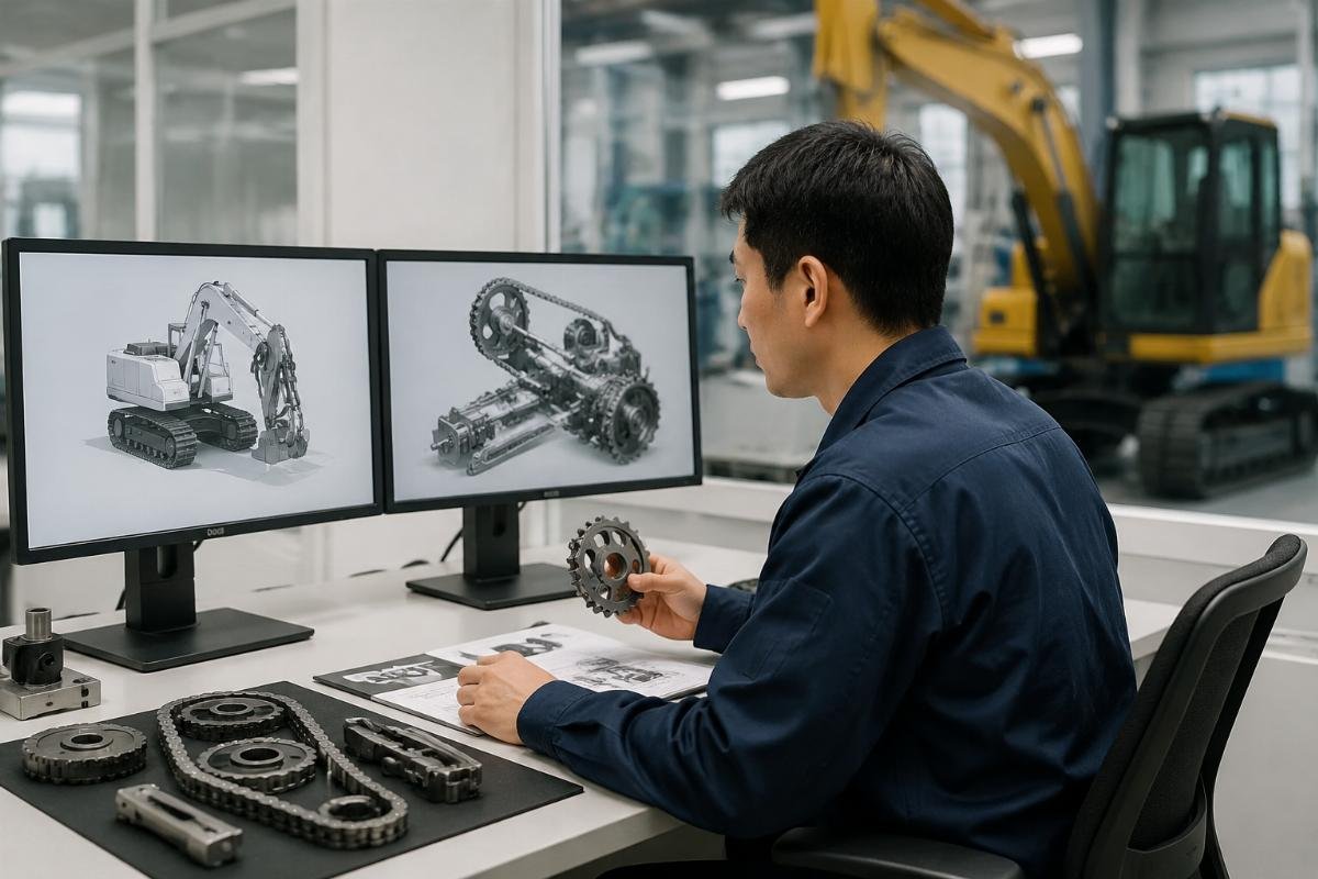 Excavator timing kit model compatibility verification process A technical specialist cross-referencing excavator model numbers against a master compatibility database for timing kits