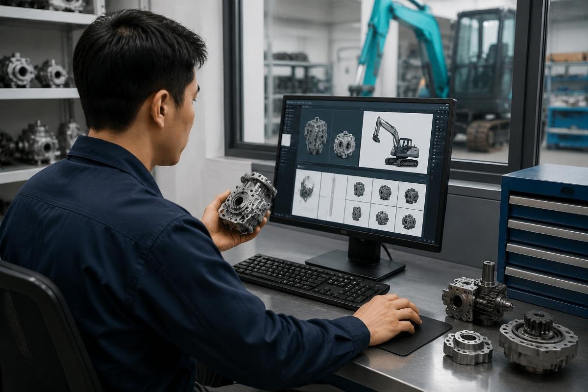 Fast compatibility verification for Kubota excavator oil pumps A technician cross-referencing part numbers against a digital compatibility database for compact excavator parts