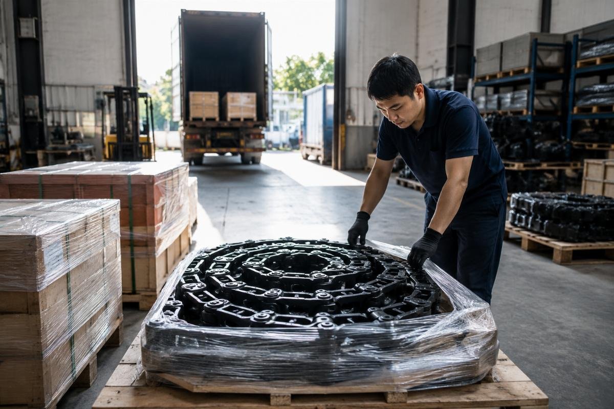 fast delivery for excavator track chain replacements Urgent undercarriage part being packaged for same-day dispatch from a Guangzhou warehouse