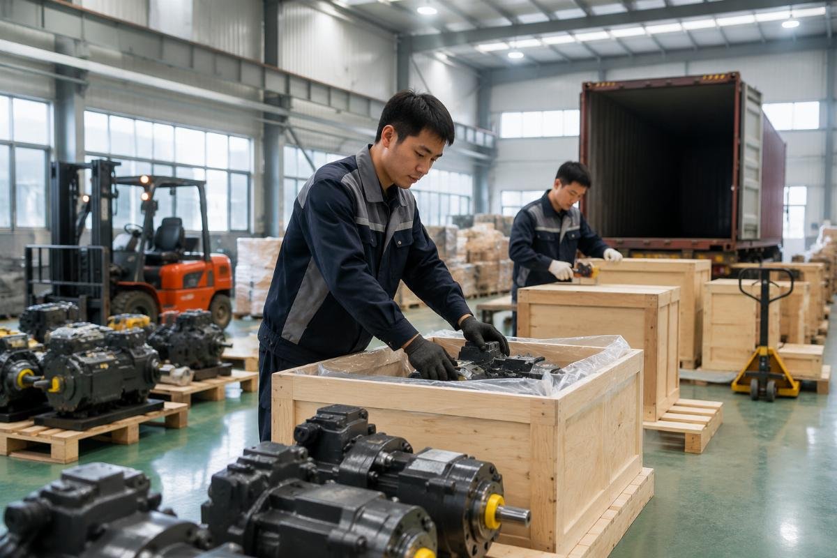 Fast dispatch for excavator hydraulic pump orders Warehouse staff packing hydraulic pump orders for global shipment