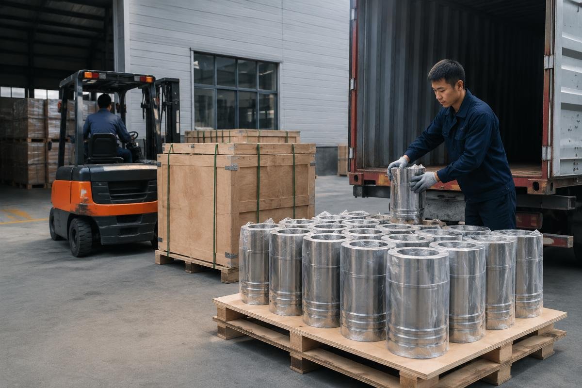 Fast dispatch process for excavator cylinder liner orders Supplier warehouse dispatch station with packaged parts ready for shipping