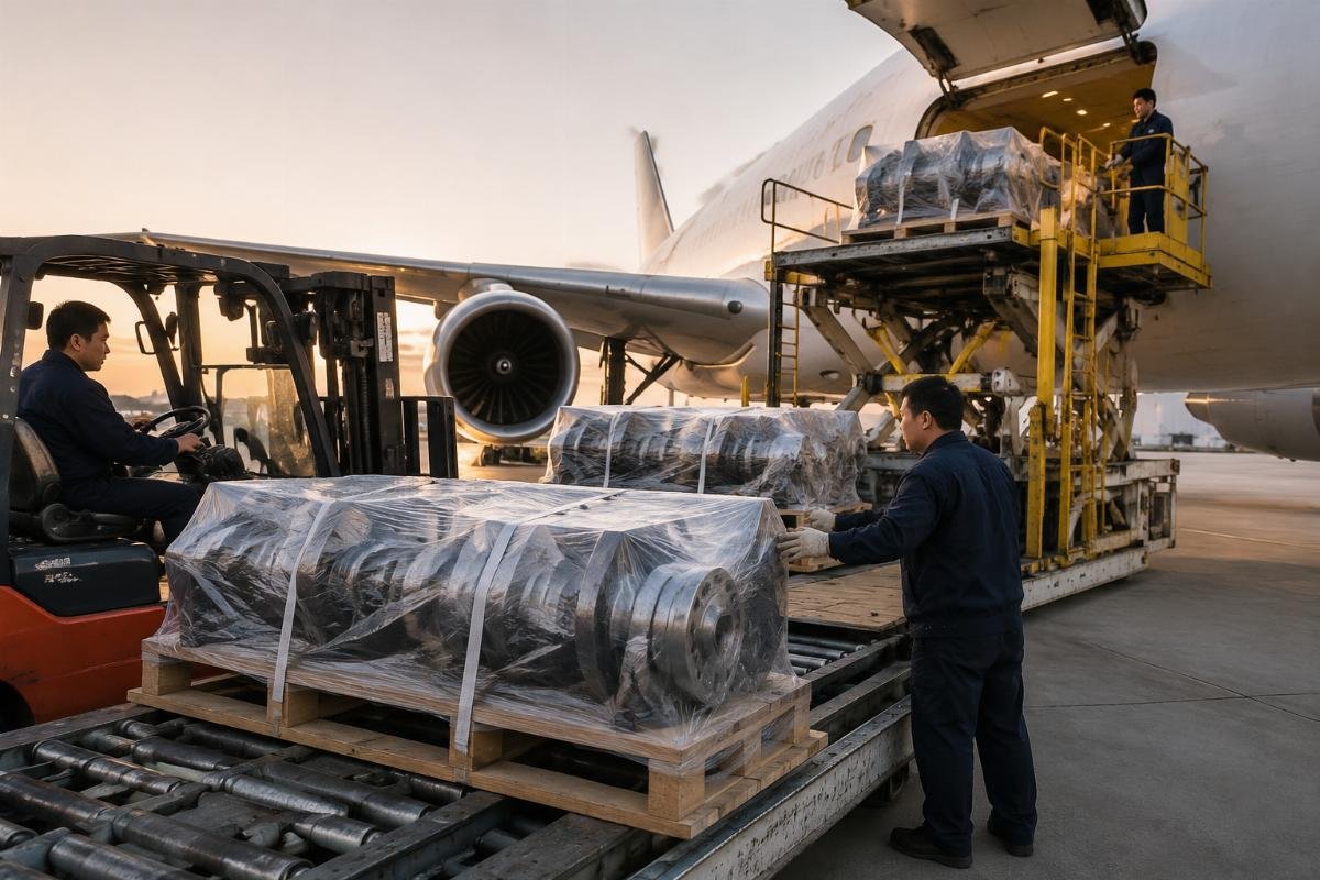 Fast international dispatch for Kubota crankshaft orders A logistics team loading packaged heavy equipment parts onto an international air freight pallet