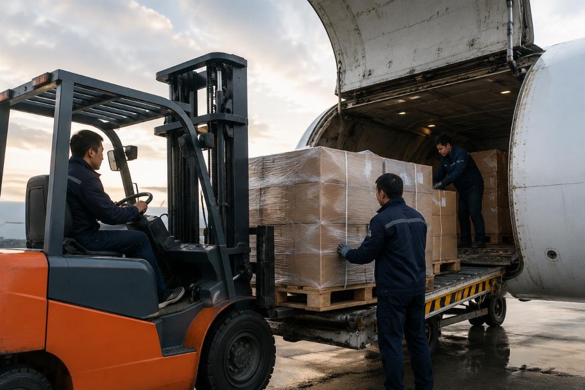 Fast international shipping for aftermarket excavator components A logistics team loading sealed parcels of excavator parts for international air freight dispatch