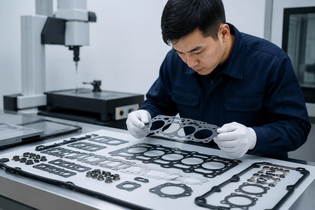 Gasket kit quality inspection Technician inspecting a complete overhaul gasket kit for dimensional accuracy