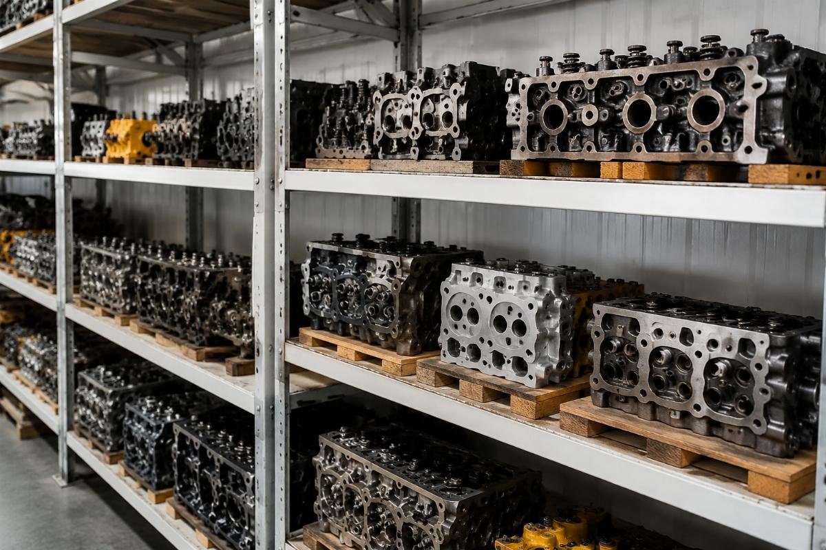 Genuine quality aftermarket excavator cylinder heads Multiple cylinder heads for different excavator engine brands arranged on a warehouse shelf