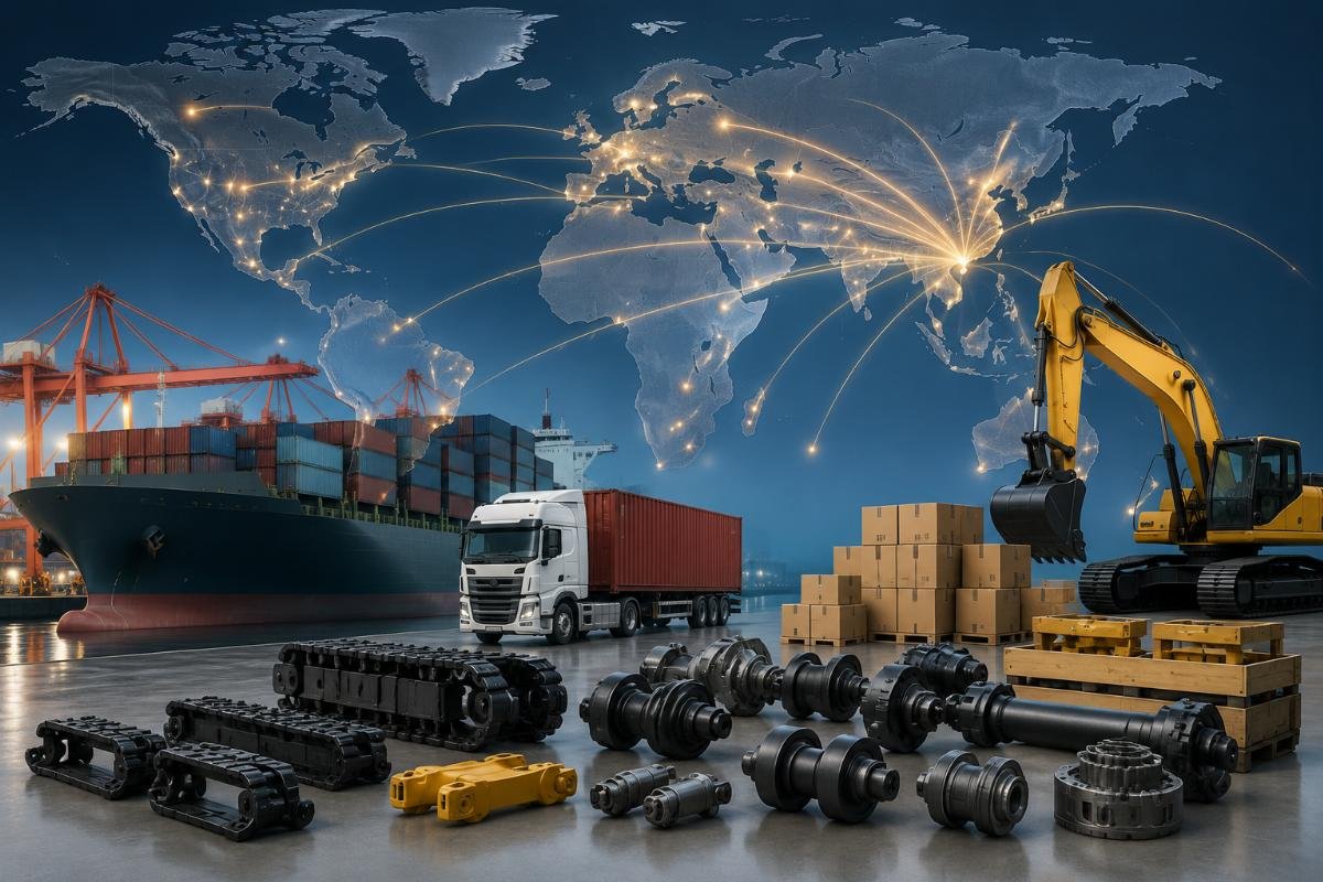 global aftermarket excavator parts delivery network Global delivery route map showing parts shipped from Guangzhou warehouse to 120+ countries worldwide