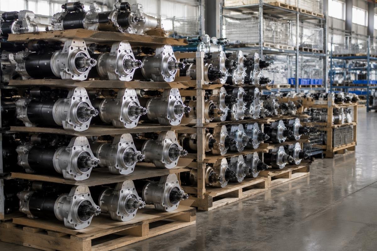 Guangzhou warehouse stored starter motor inventory Stacks of labeled 12V and 24V excavator starter motors in a clean warehouse storage area