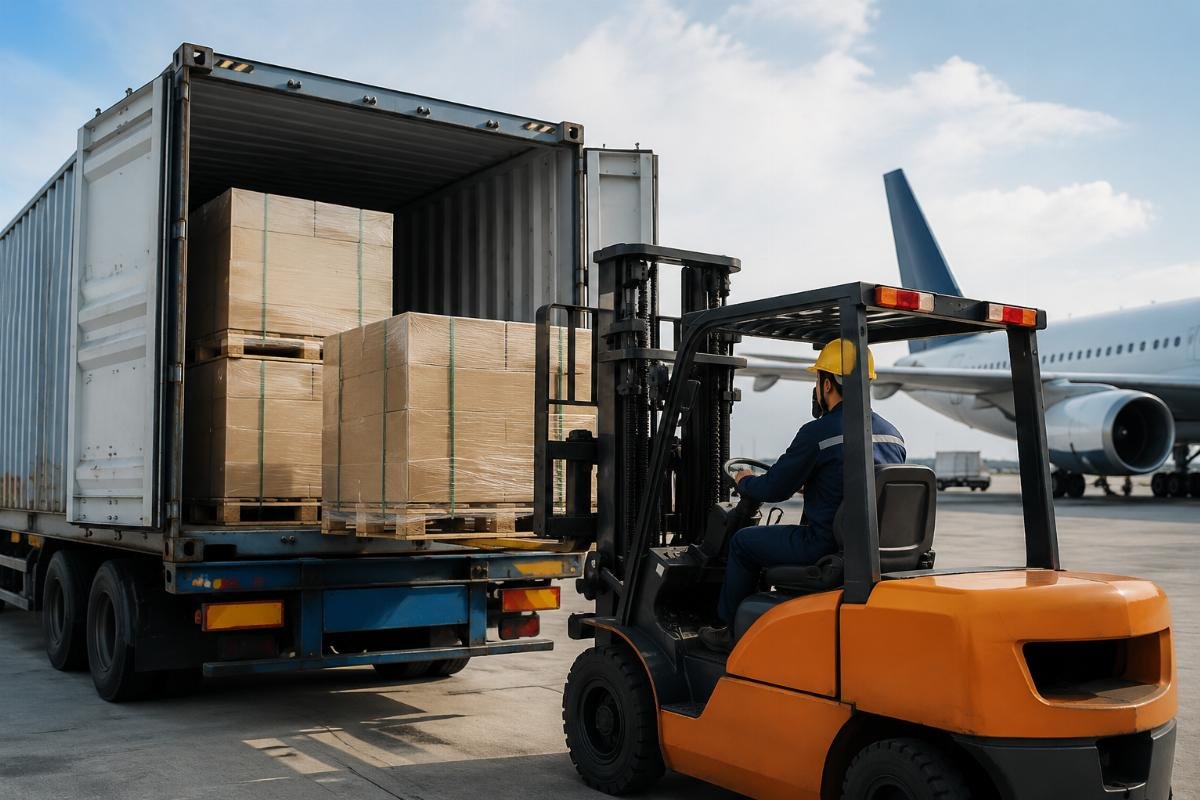 International dispatch of excavator starter motor orders A shipping container being loaded with palletized excavator parts for international air freight