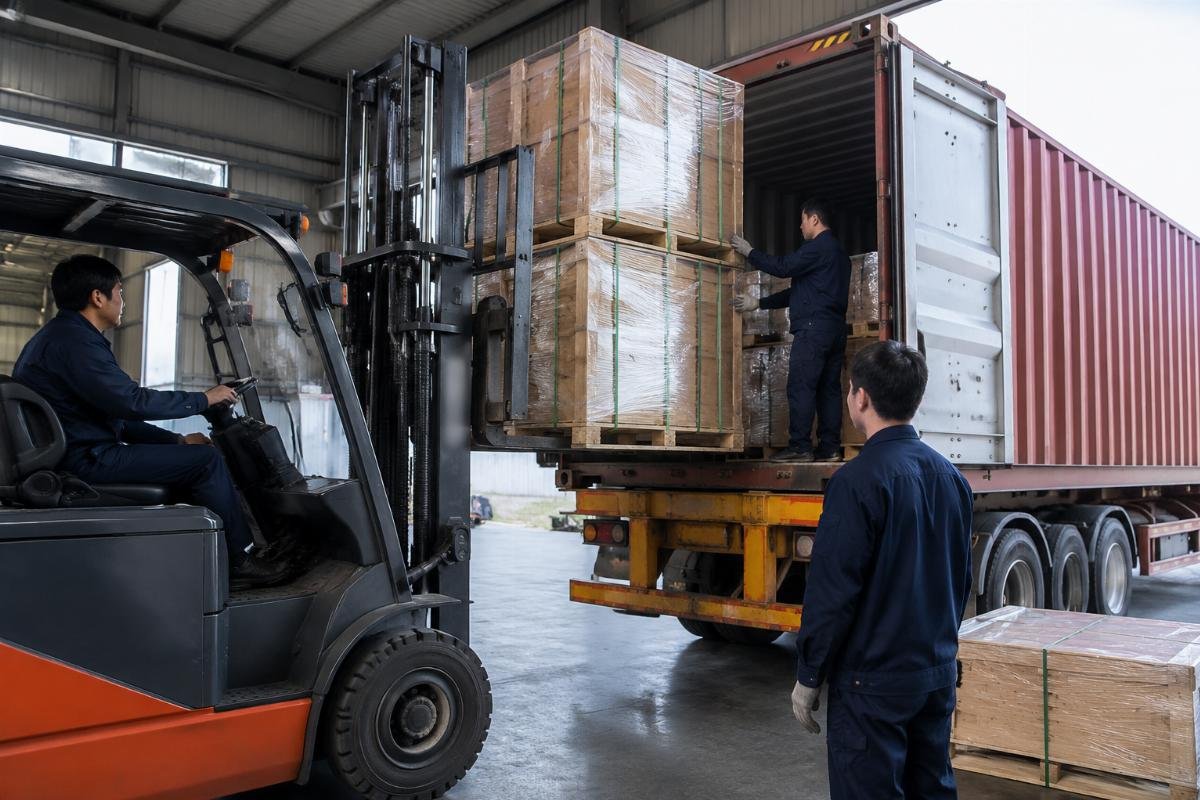 International freight preparation for bulk excavator timing kit orders A logistics team loading pallets of excavator parts onto a freight truck for international shipment
